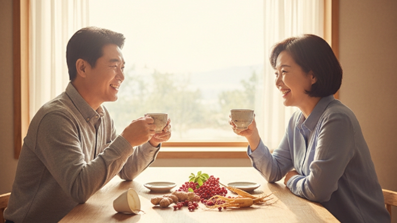 50대 이상 중년 남녀가 커피 대신 건강 차를 마시며 활력을 되찾는 모습. 만성피로를 해결하고 에너지 레벨을 높이는 건강 음료.