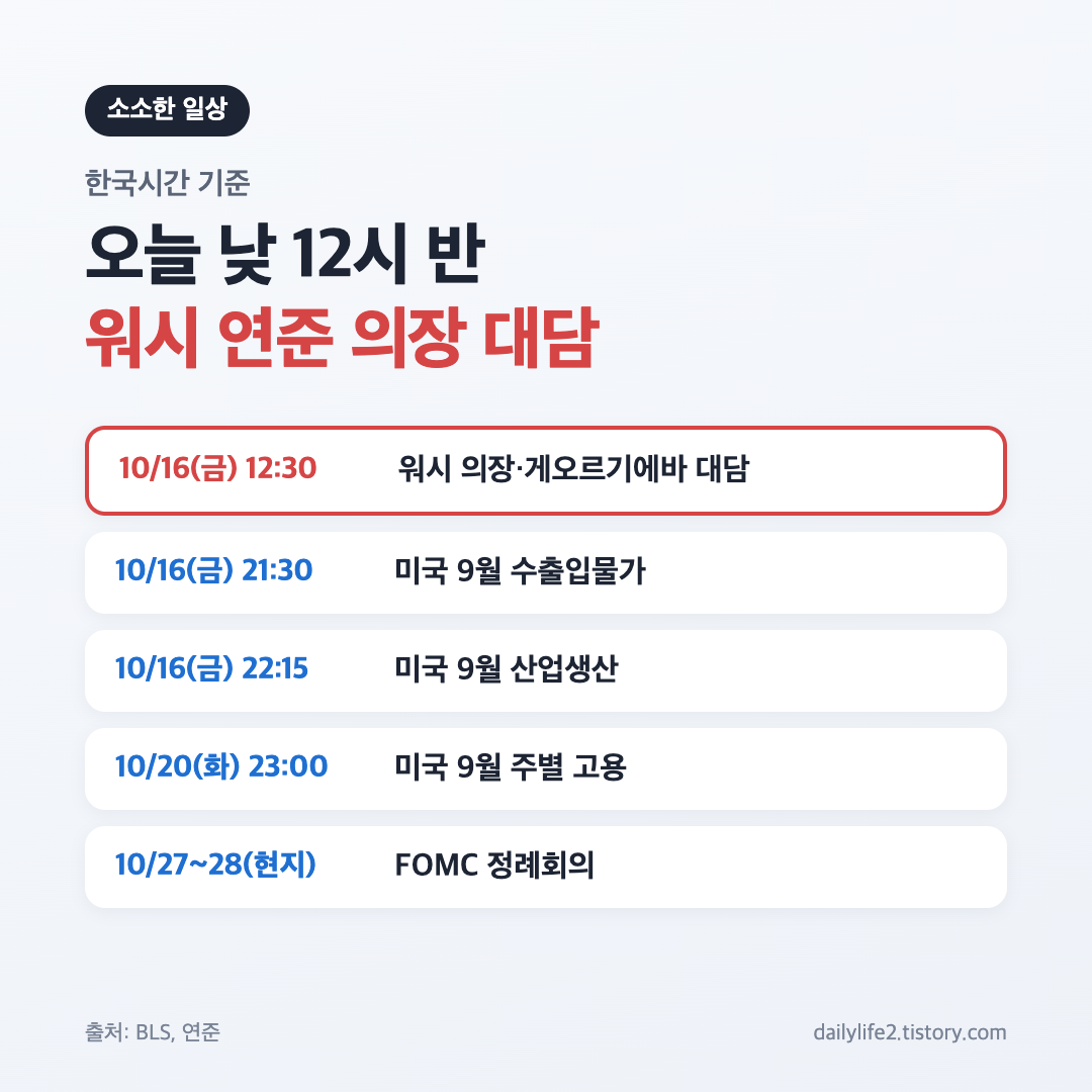 10월 16일 한국시간 미국 경제 일정과 FOMC 일정 카드