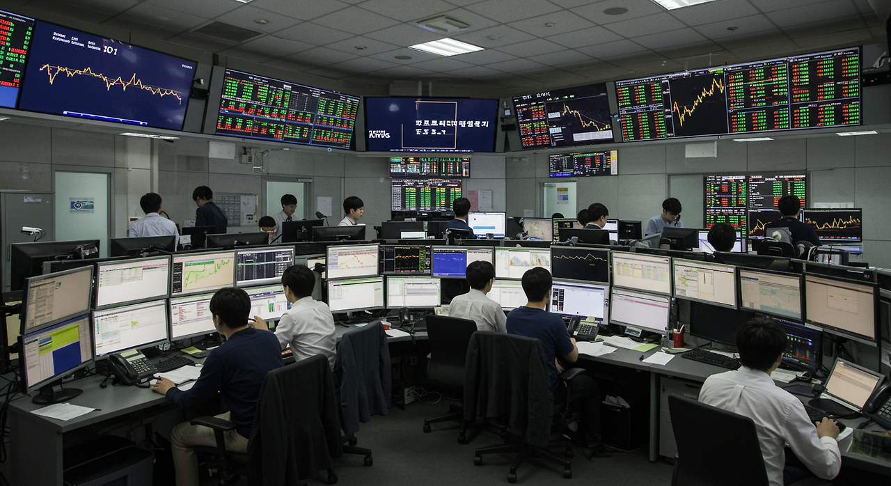 현대적인 한국 증권 거래소에서 주식 변동 그래프를 보며 집중하는 트레이더들