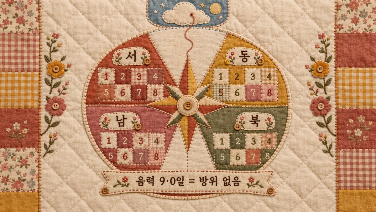 음력 끝자리 9일과 0일에는 악귀가 하늘로 올라가 모든 방위가 길일이 된다는 방위 계산 도해 이미지