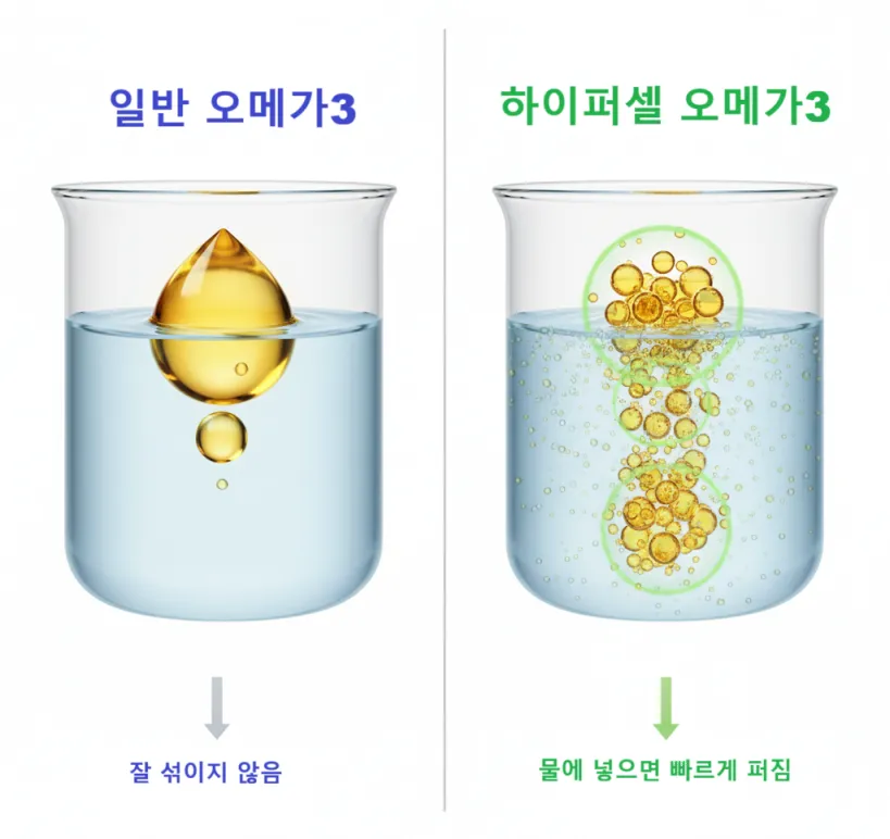 일반 오메가3와 하이퍼셀 오메가3의 흡수율 차이를 보여주는 인포그래픽.