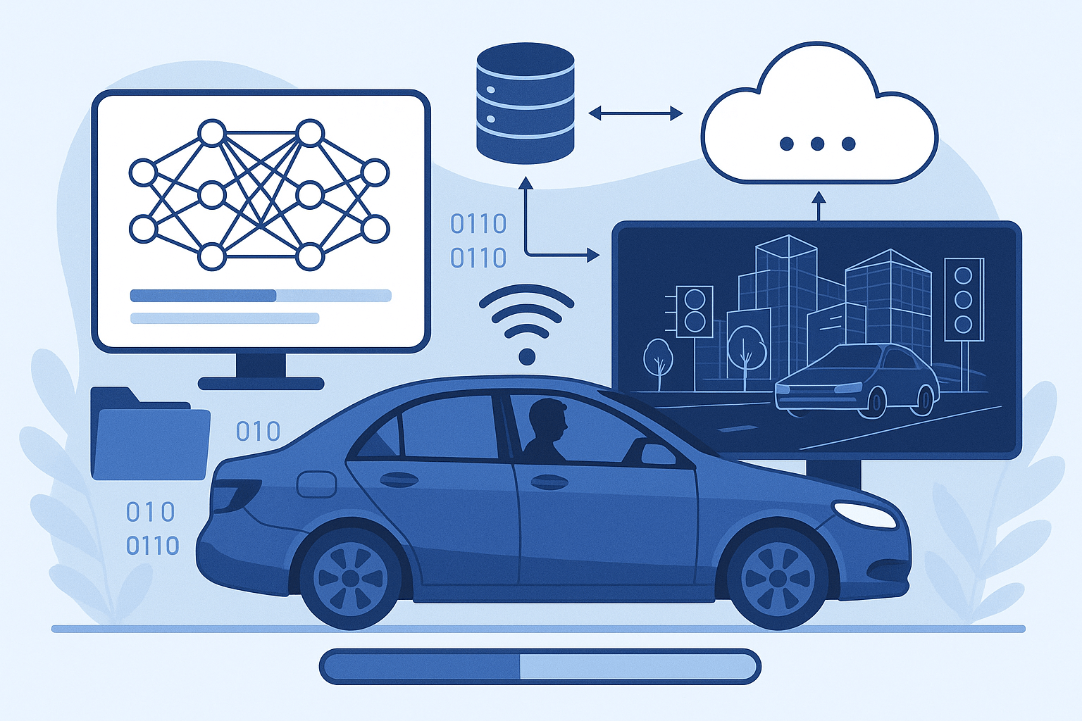 이 이미지는 자율주행차의 딥러닝 모델 훈련을 위한 데이터 확보 과정을 시각적으로 표현한 일러스트입니다.

중앙에는 자율주행차가 도로 위를 주행하고 있으며, 차량 주변에는 사람, 자전거, 신호등, 차선, 건물 등 다양한 도로 객체들이 라벨이 붙은 상태로 나타나 있습니다. 각각의 사물에는 &ldquo;Person&rdquo;, &ldquo;Stop Sign&rdquo;, &ldquo;Lane&rdquo;, &ldquo;Traffic Light&rdquo; 등의 태그가 달려 있어 AI가 인식하고 학습하는 대상임을 보여줍니다.

배경 상단에는 클라우드 서버와 데이터 흐름 아이콘이 연결되어 있어, 수집된 데이터가 클라우드로 전송되어 학습에 활용되는 구조를 나타냅니다. 화면 좌측에는 시뮬레이션 환경의 3D 도시 장면도 함께 표현되어 있어, 실제 도로 데이터와 가상 훈련 데이터가 모두 함께 사용되고 있다는 점을 시각화합니다.

전체적으로 미래지향적인 디지털 스타일과 고해상도 일러스트 분위기를 통해, 자율주행차의 &lsquo;학습 과정&rsquo;과 그 핵심 자원인 데이터를 직관적으로 설명하는 대표 이미지입니다.