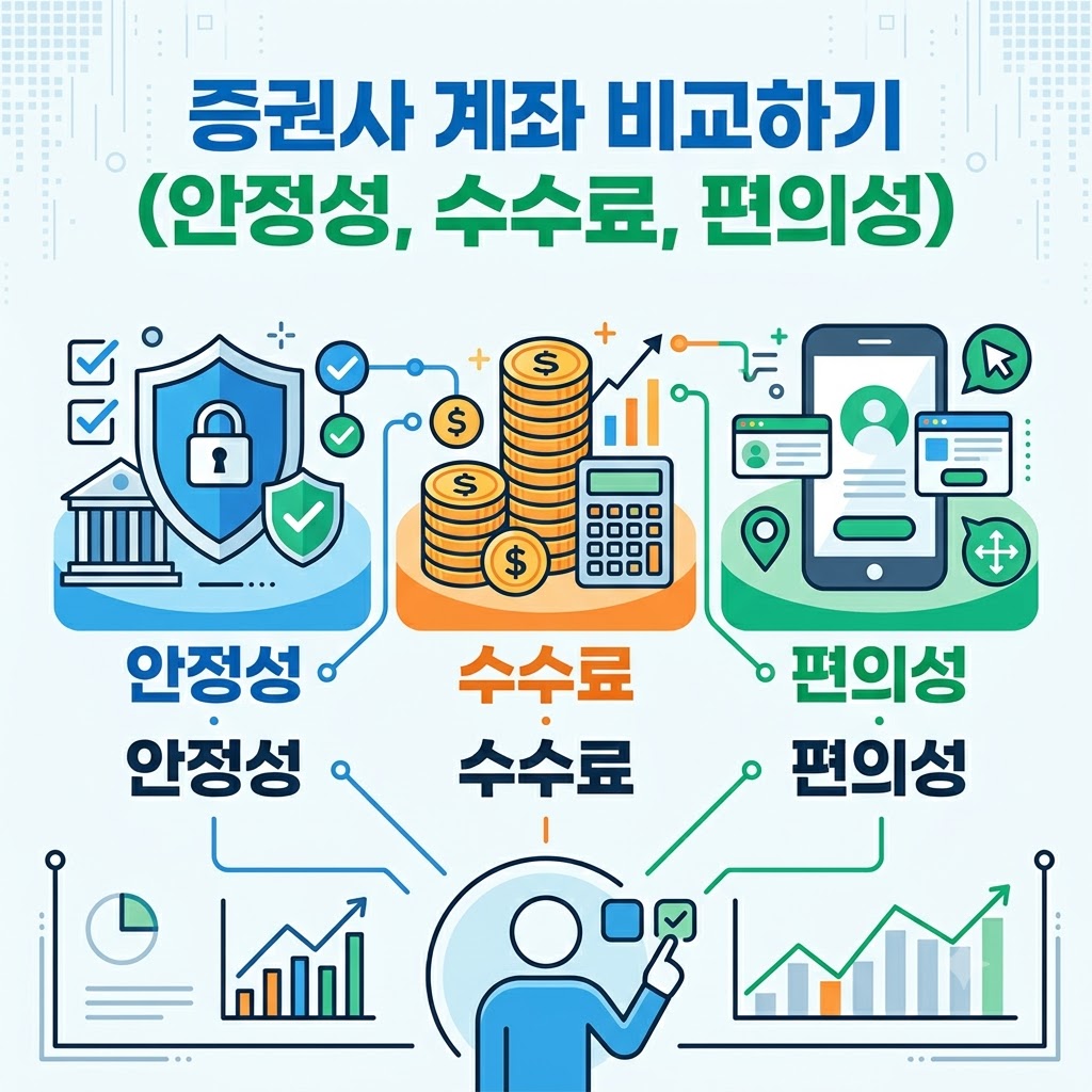 안정성, 수수료, 편의성 기준 증권사 계좌 비교 인포그래픽