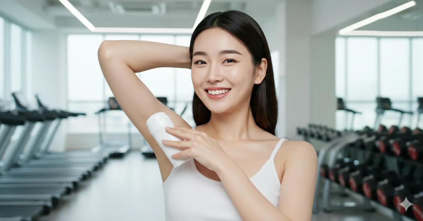 상쾌하고 깨끗한 이미지의 한국인 여성이 미소를 지으며 겨드랑이에 스틱 데오드란트를 바르는 모습
