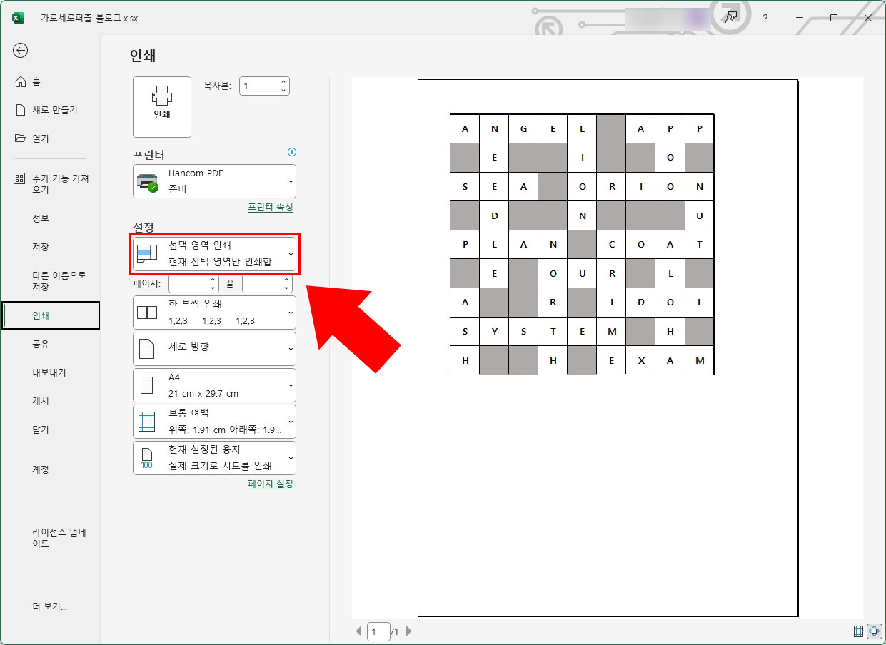엑셀 선택 영역 인쇄