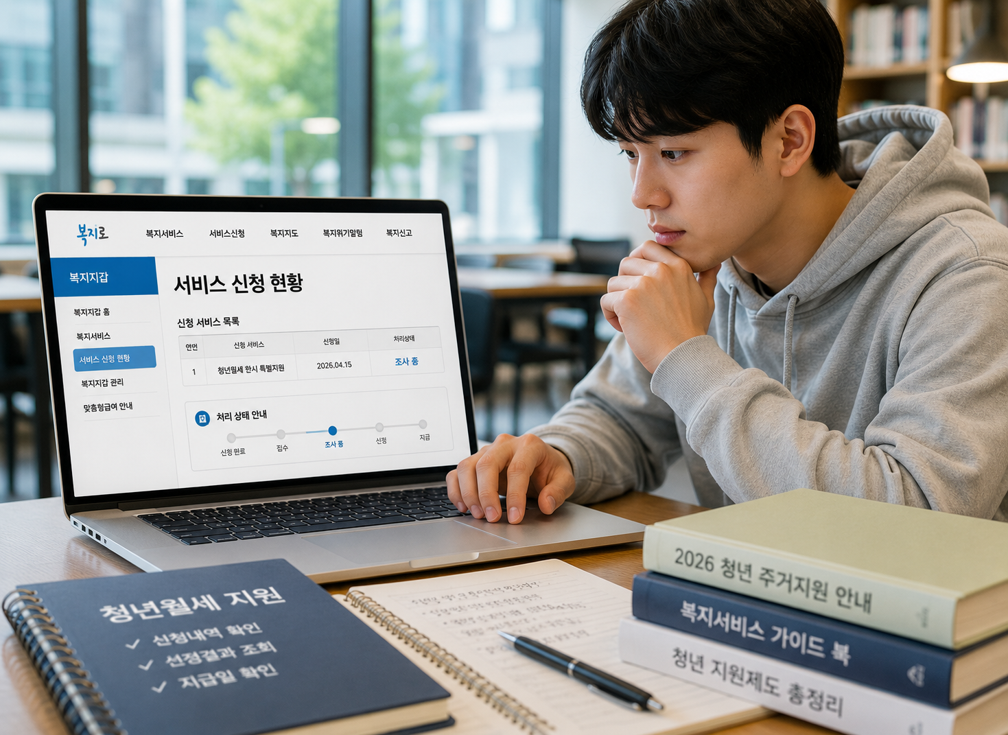 대학교 도서관에서 복지로 신청내역을 조회하는 장면