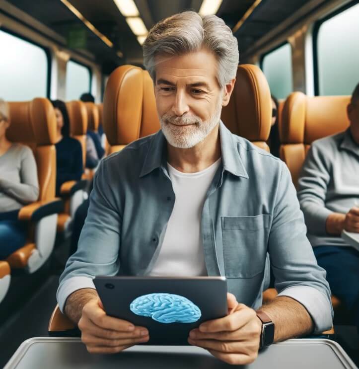 태블릿으로 두뇌 훈련 앱을 사용하는 노인