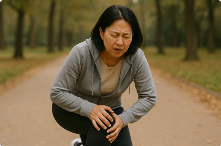 무릎 통증으로 길에서 멈춰 선 중년 여성 – 관절 건강 문제를 겪는 모습