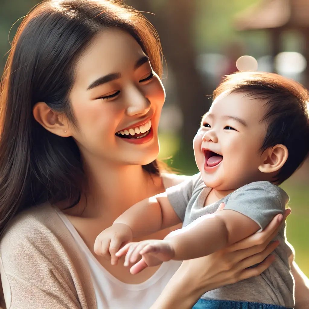 공원에서 아기를 안고 웃으며 놀아주는 동양인 엄마의 사랑스러운 모습