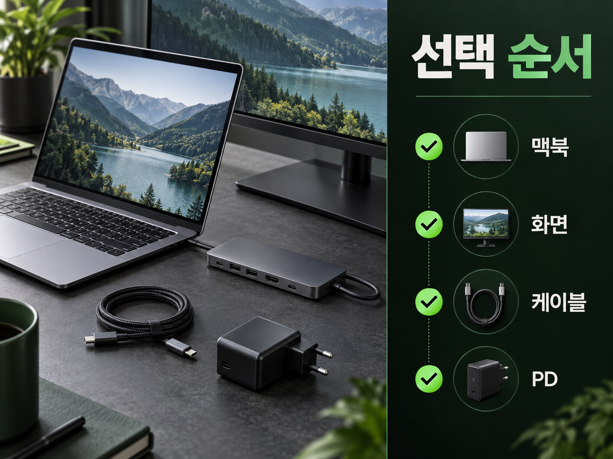 맥북 USB-C 허브 선택 순서인 맥북, 화면, 케이블, PD를 네 단계로 보여주는 설명 카드