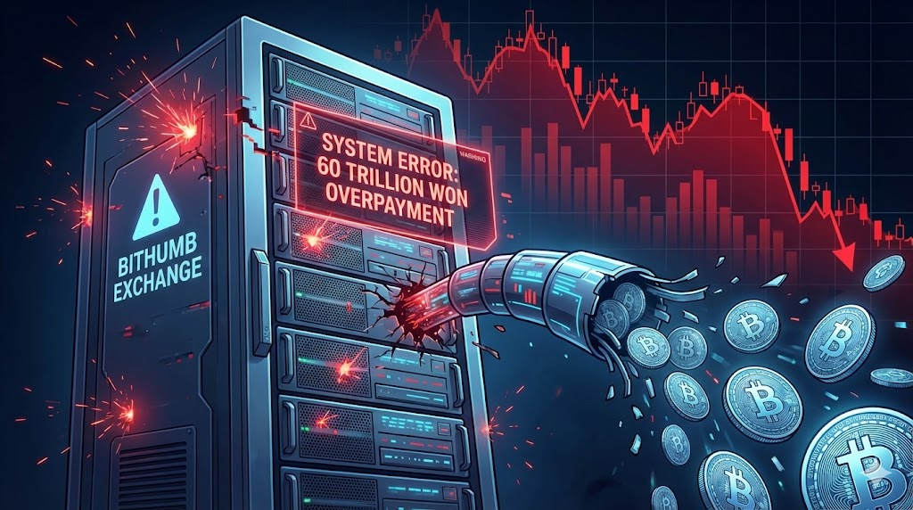 빗썸 거래소 서버가 시스템 오류로 인해 60조 원 규모의 비트코인이 통제 불능 상태로 쏟아져 나오는 긴박한 상황을 시각화한 이미지