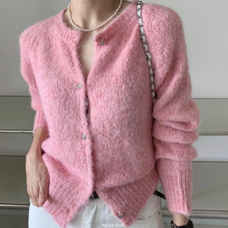 니트가디건 크롭가디건 알파카 부클 핑크 여성 봄 가디건
