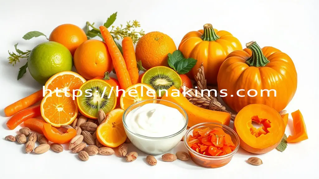 하얀색 탁자 위에 호박, 키위, 당근, 귤, 오렌지, 견과류, 요거트 등이 놓여 있는 이미지