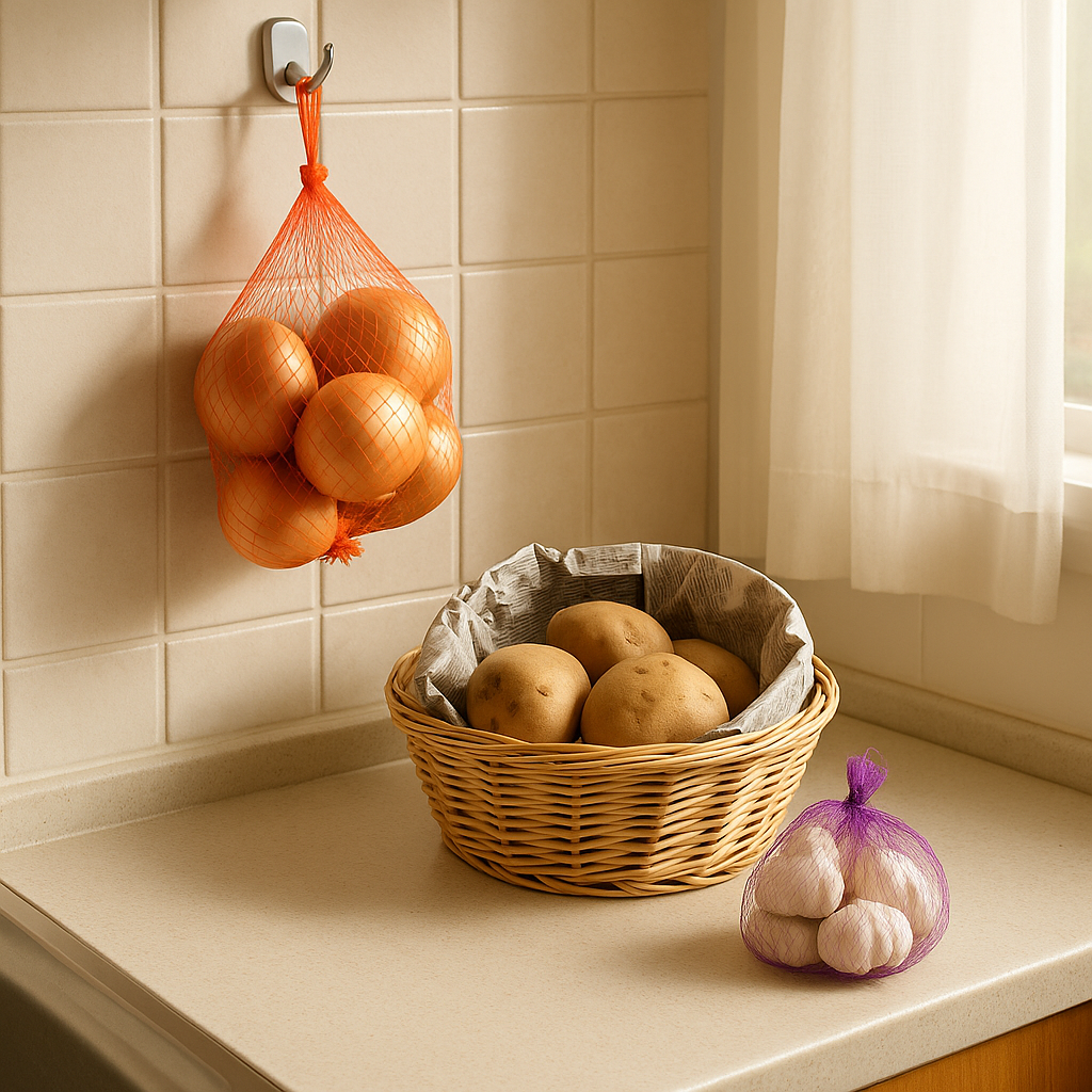 주방 창가 옆에서 양파는 벽에 망에 걸려 있고, 감자는 신문지가 깔린 바구니에 담겨 있으며, 마늘은 작은 그물망에 담겨 따로 놓여 있는 모습