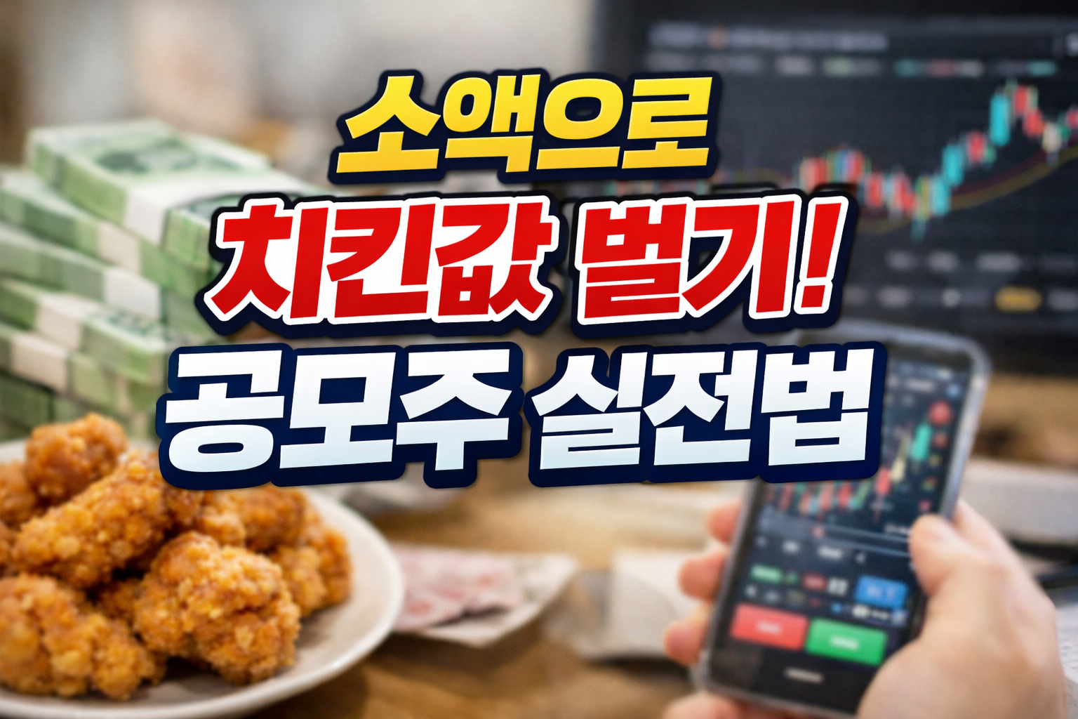 소액으로 치킨값 벌기 공모주 실전법 썸네일, 주식 차트와 스마트폰 화면, 치킨과 현금이 흐릿한 배경으로 배치된 투자 콘텐츠 이미지