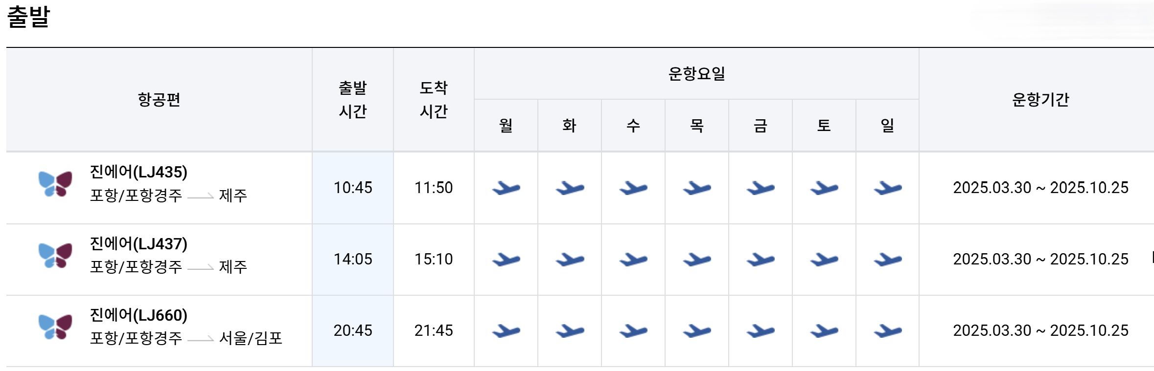 포항경주공항 출발 시간