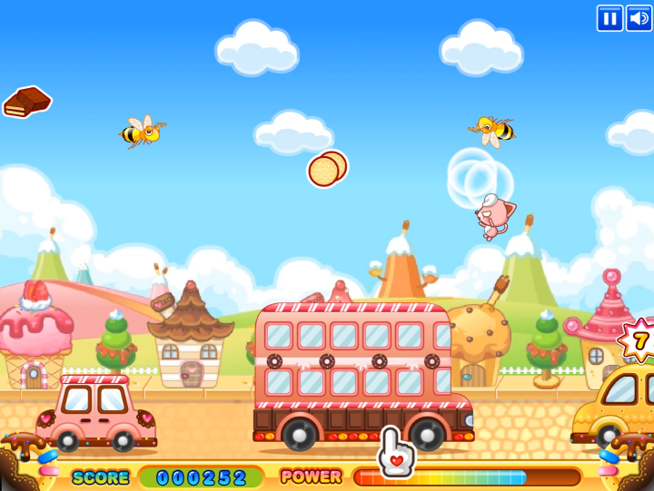 핑캣의-점핑카-플래시게임-플레이-벌에-의해-풍선이-터져-핑캣이-아래로-추락하는-화면