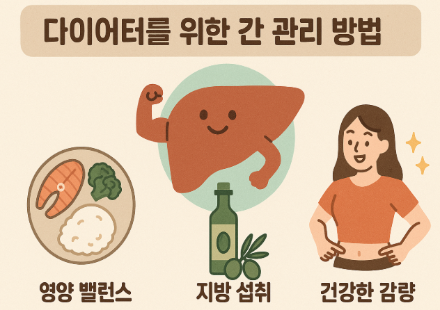 다이어터를 위한 간 관리 방법 (영양 밸런스, 지방 섭취, 건강한 감량)에 관한 그림