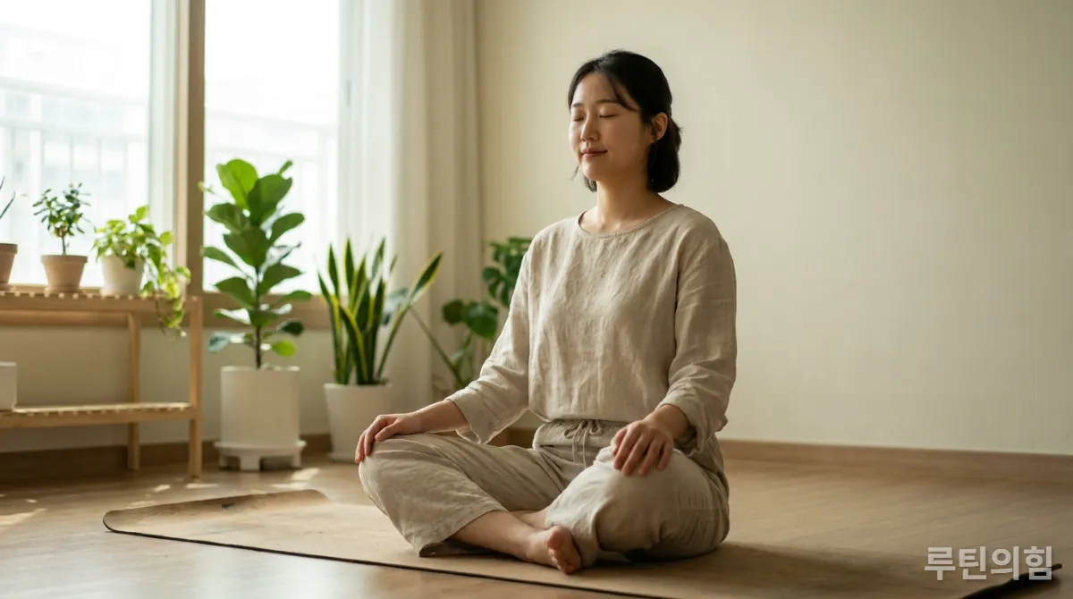 조용한 공간에서 명상하는 한국인 여성