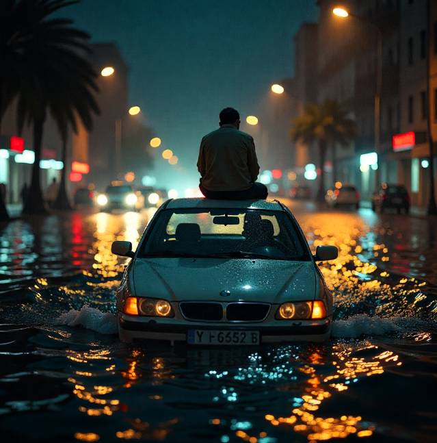 물에 잠긴 차 위에서 고개숙인 남자