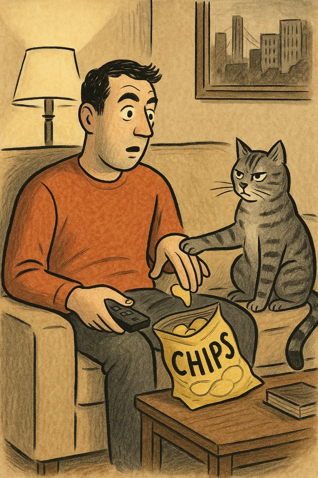 남자가 거실 소파에 앉아서 tv를 보다가, 손이 감자 칩으로 가는데, 옆이 있던 고양이 앞발로 남자의 손을 스매싱~. 먹지 말라고.