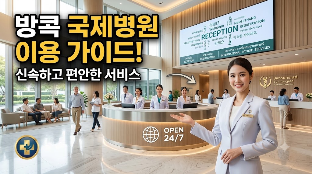 방콕 국제병원 로비와 깨끗한 안내 창구