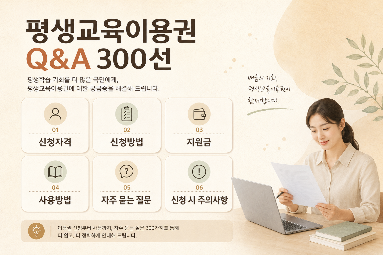 평생교육이용권에 관한 Q&amp;A300선을 주제로 한 이미지이며, 신청자격,신청방법,지원금,사용방법,신청시 주의사항, 자주 묻는 질문등이 총체적으로 담겨 있습니다.