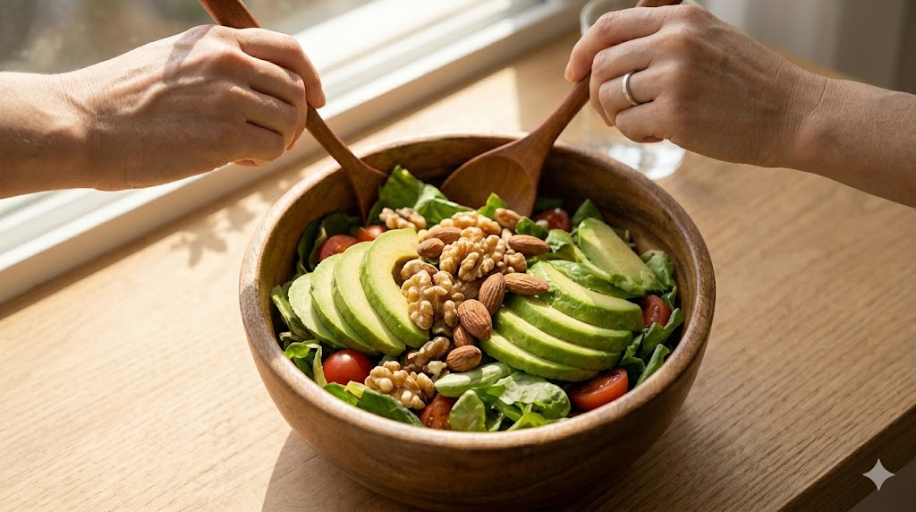우드 테이블 위에 놓인 신선한 샐러드 볼. 잘 익은 아보카도 슬라이스와 호두, 아몬드가 토핑되어 있다. 옆에는 올리브유 병이 놓여 있어 건강한 지방 섭취를 강조하는 밝고 깨끗한 실사 이미지."