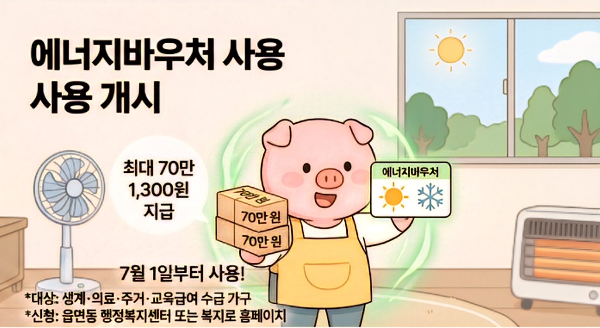 2026년 하반기 에너지바우처 신청 기간, 사용 기간, 세대원 수별 최대 70만 원 지급 금액 및 신규 제도 안내 인포그래픽 이미지