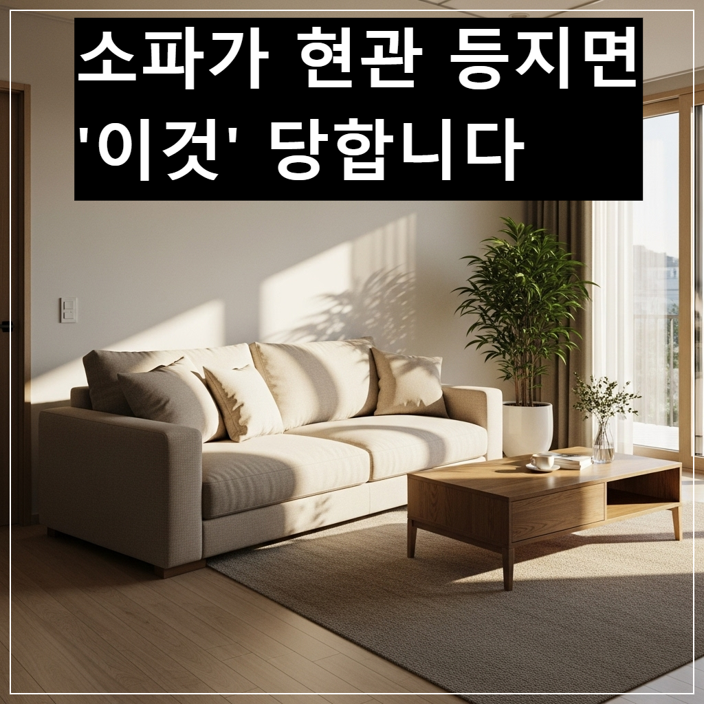 현관을 대각선으로 바라보며 벽을 등지고 안정적으로 배치된 베이지색 소파의 한국 아파트 거실 인테리어