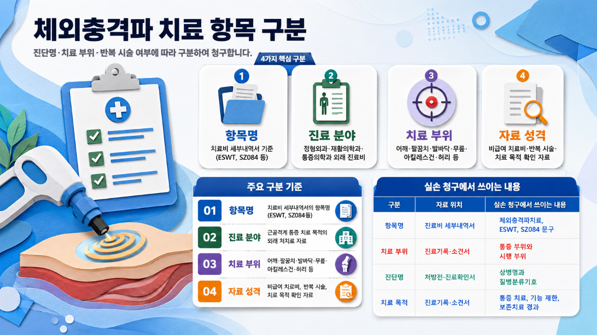 2. 체외충격파 치료 항목 구분과 청구 핵심 기준을 정리한 페이퍼아트 스타일 인포그래픽