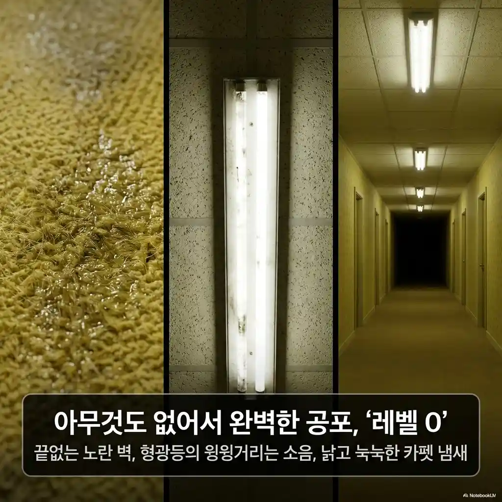 백룸 레벨 0 특징 3요소 인포그래픽 - 눅눅한 노란 카펫 형광등 윙윙 소음 끝없는 복도 아무것도 없어서 완벽한 공포