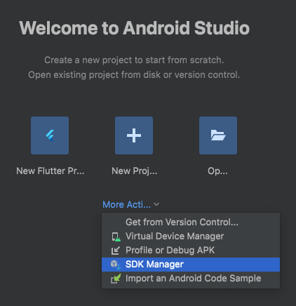 안드로이드 스튜디오 웰컴 페이지 모습이다.