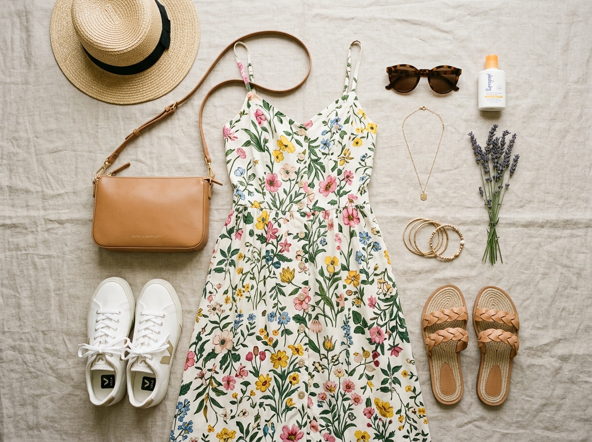Flat lay of floral dress with white low-profile sneakers, east-west horizontal shoulder bag, slide sandals, summer accessories, top view, clean minimal background, fashion editorial