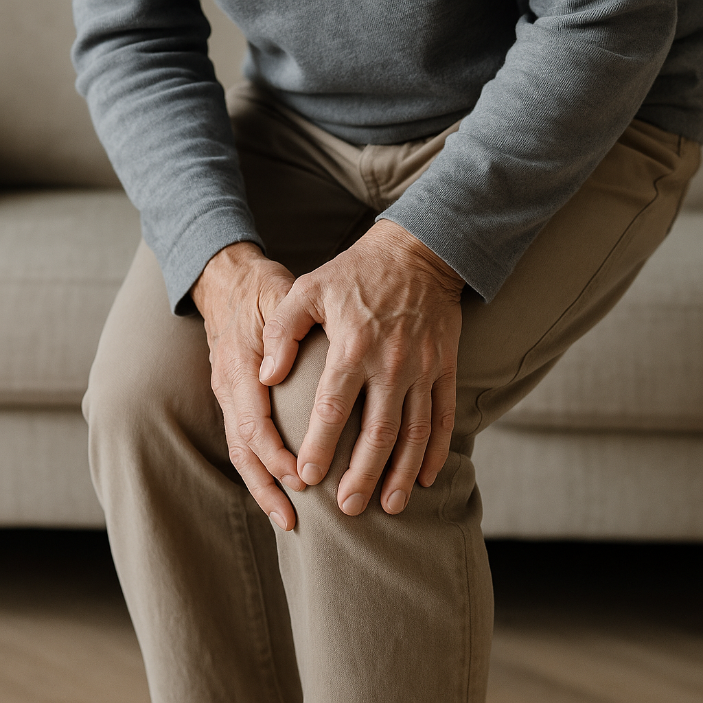 뼈 통증 만으로 골다공증 구별할수 있을까?무릎 통증을 느끼는 노년층의 손과 다리 클로즈업