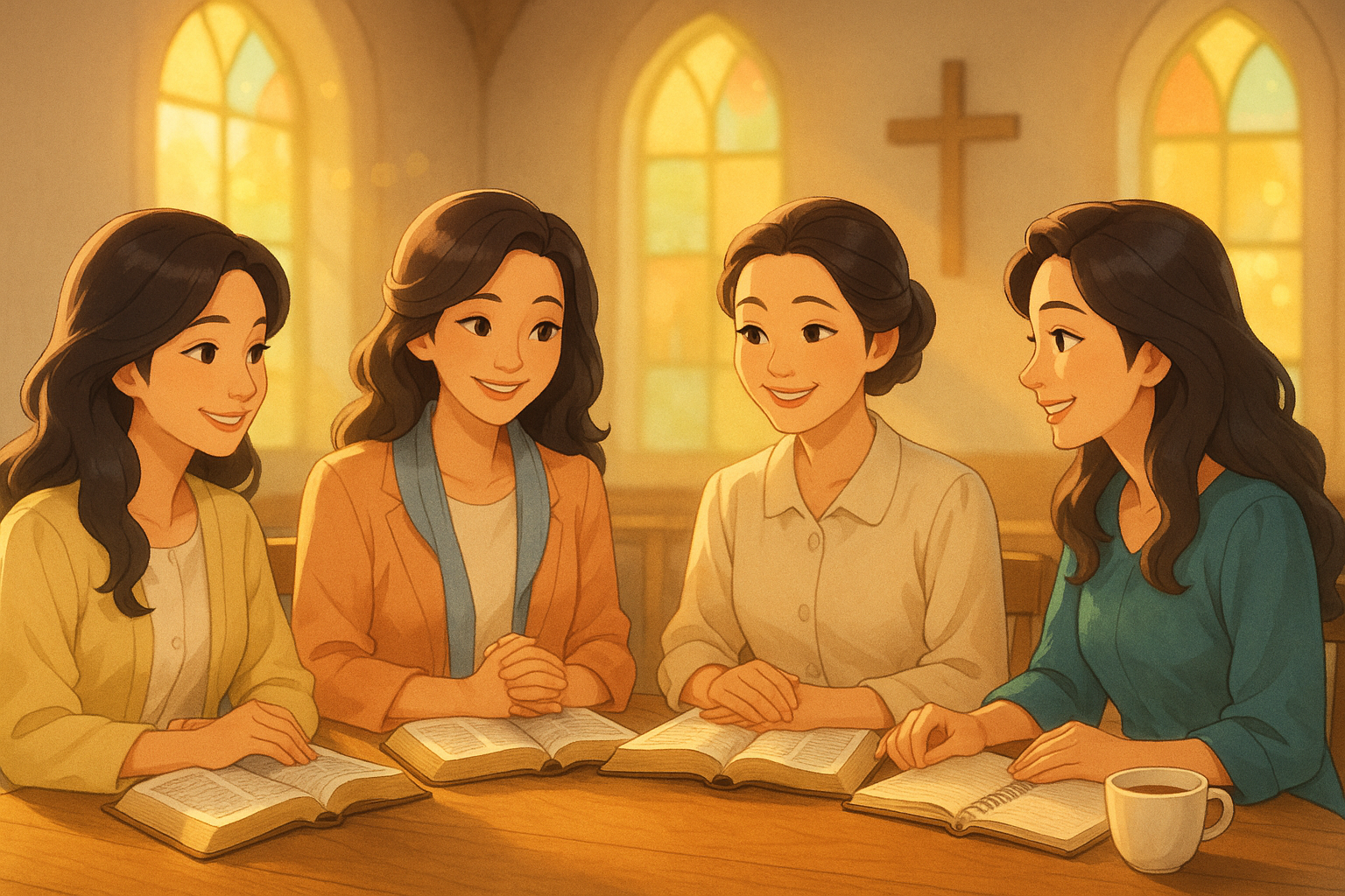 가을빛 예배당 안에서 네 명의 여성 성도가 성경을 펼쳐 함께 말씀을 나누는 장면. 따뜻하고 은혜로운 분위기 속에서 권사회가 교제와 나눔으로 세워지는 모습을 표현함.