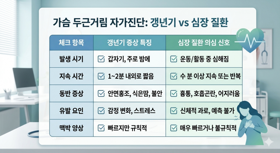 갱년기 증상과 심장 질환의 가슴 두근거림 차이점을 비교한 자가진단 체크리스트 표