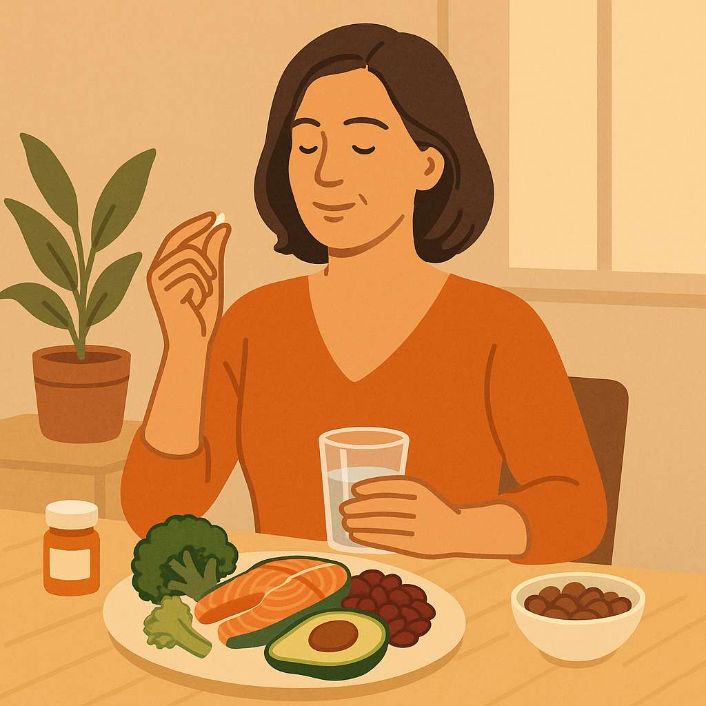 갱년기 건강 관리를 위해 식단과 영양제를 챙기는 중년 여성의 모습