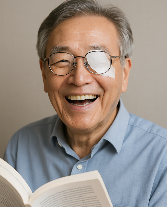 백내장 수술 후 환하게 웃으며 책을 보고 있는 시니어