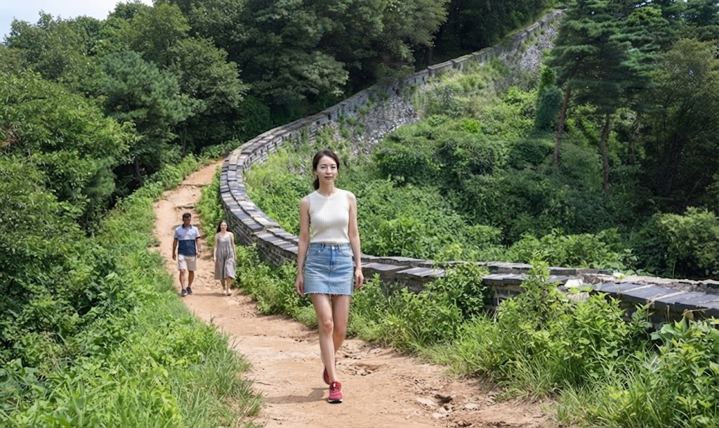 남한산성 둘레길을 따라 풍경을 즐기며 걷는 여성