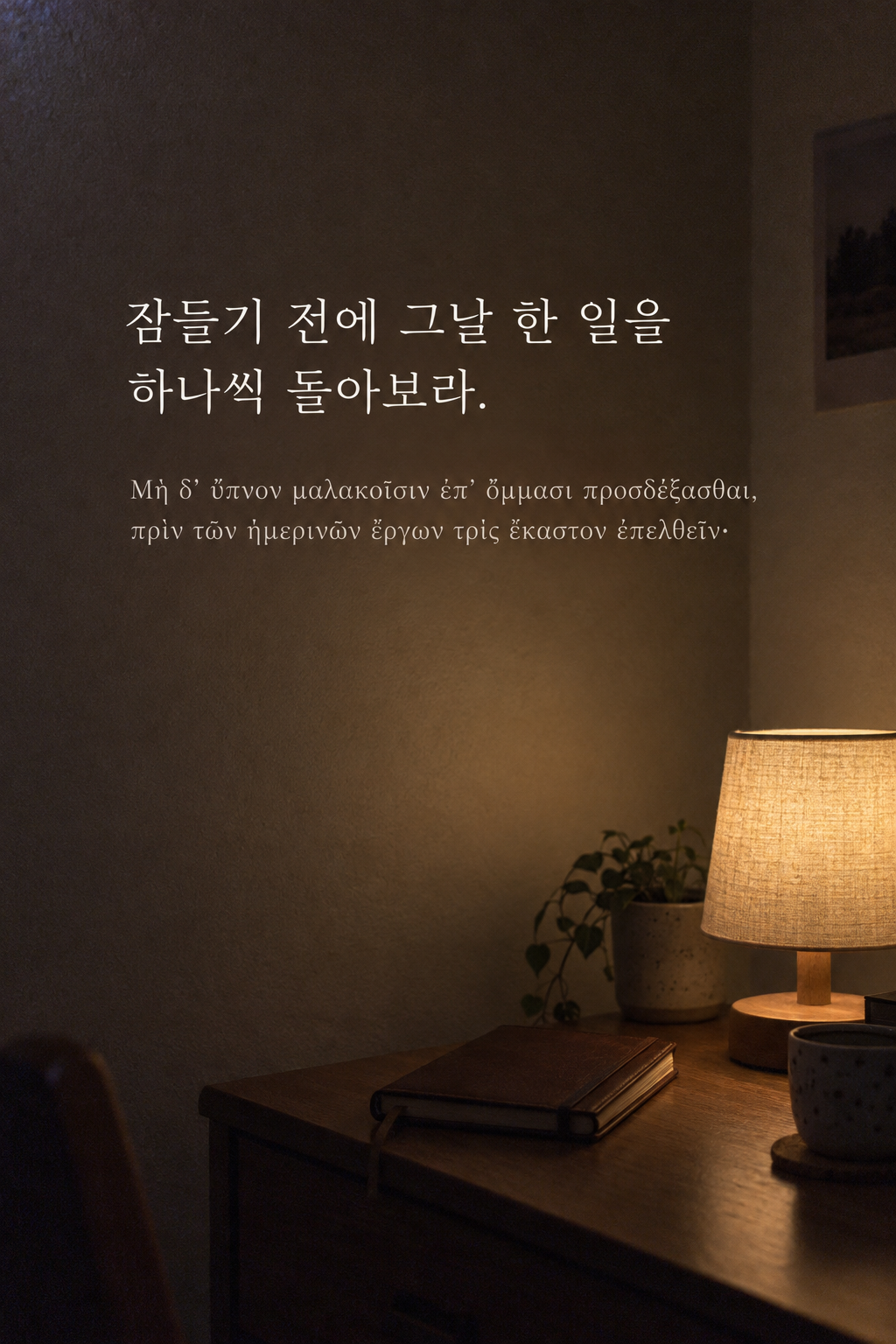 잠들기 전에 그날 한 일을 하나씩 돌아보라. 은은한 등불 아래 닫힌 일기장 배경에 한국어와 그리스어 원문을 담은 피타고라스 학파 명언 이미지