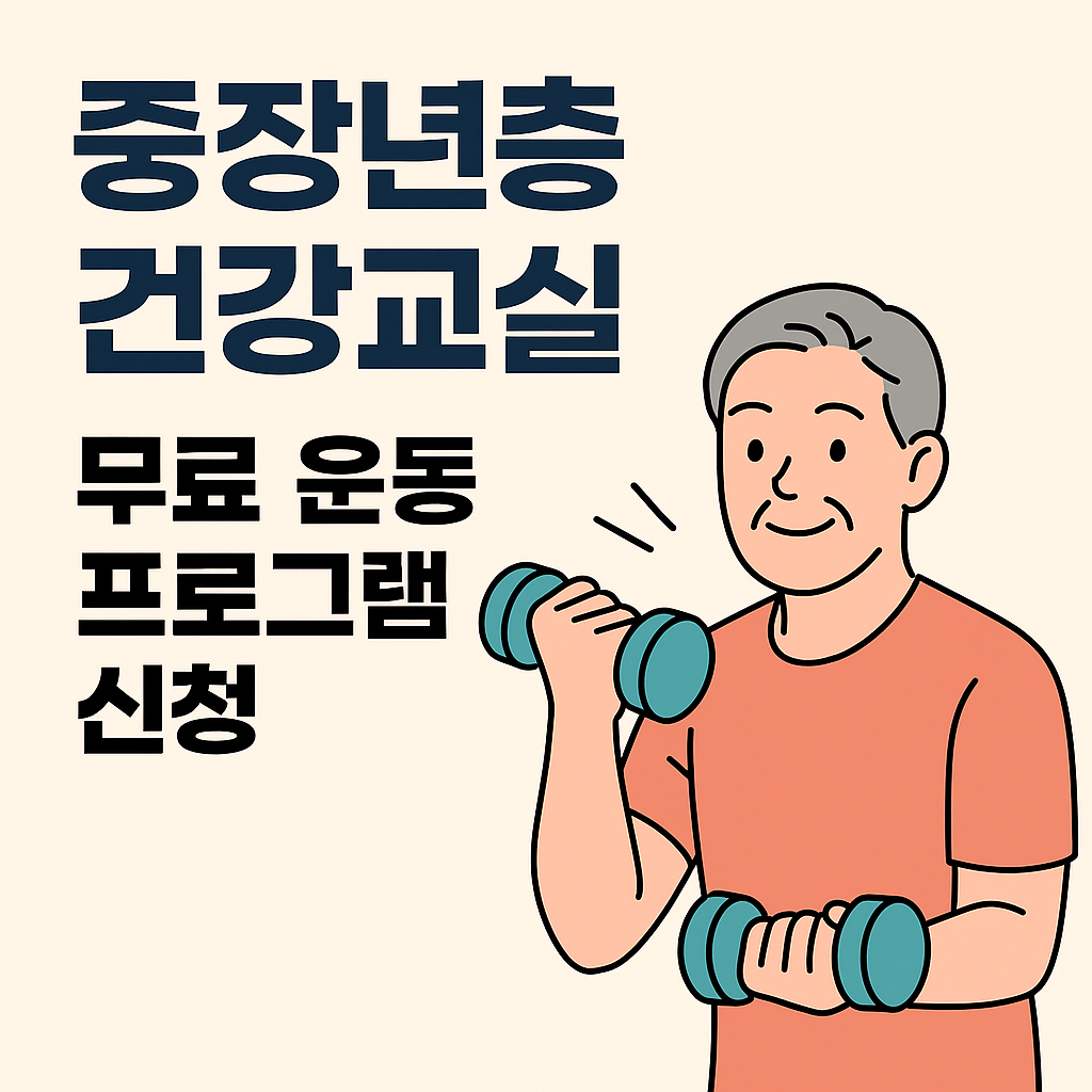 중장년층 건강교실 무료 운동 프로그램 신청 안내 일러스트 – 덤벨을 드는 남성의 모습과 함께 강조된 텍스트 디자인