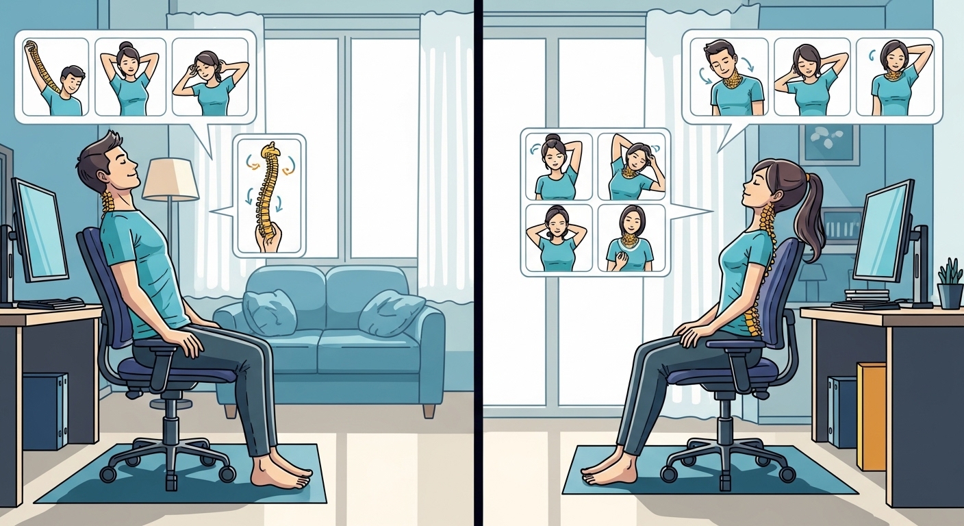 바른 자세로 앉아 있는 남성과 여성