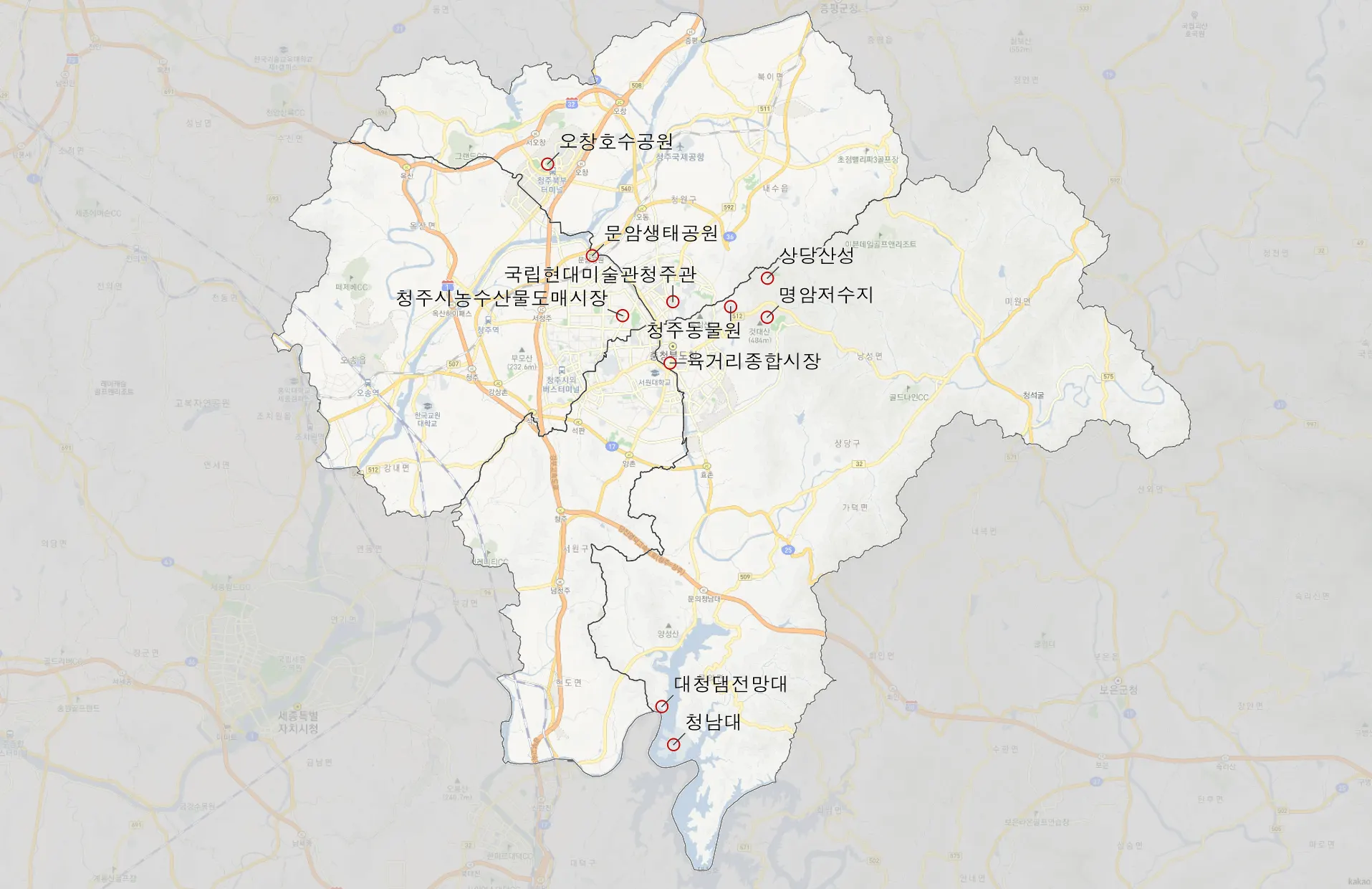 청주 가볼만한 10곳 위치도