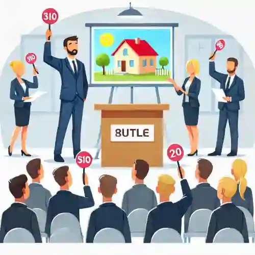 경매 진행자가 단상에서 발표하고, 입찰자들이 패들을 들고 있는 부동산 경매장의 모습