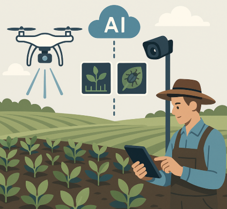 실시간 농작물 인식 시스템을 표현한 인포그래픽. 드론과 카메라가 작물을 촬영하고, 인공지능이 이를 분석해 병해충과 생육 상태를 판별하며, 농민이 스마트 기기로 확인하는 과정을 시각화한 이미지