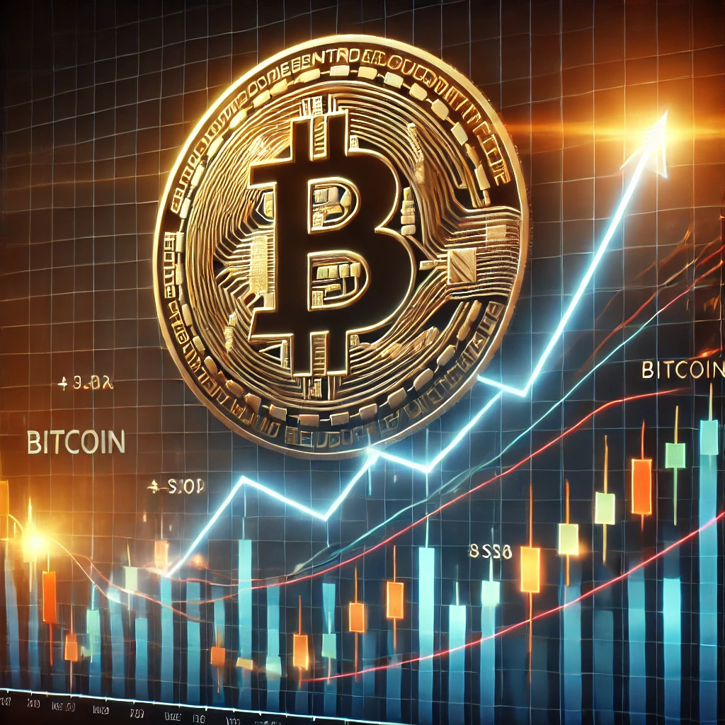 비트코인의 가격 급등을 나타내는 현실적인 금융 차트 이미지입니다.