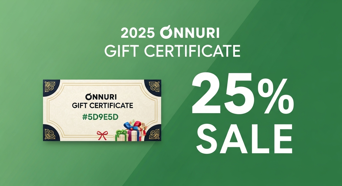 A modern, visually appealing graphic that clearly advertises '2025 Onnuri Gift Certificate 25% OFF'. The design should feature the Onnuri Gift Certificate logo (or a representation of a traditional Korean gift certificate) alongside a large, prominent '25% SALE' tag. Use a clean, vibrant color palette centered around the green primary color (#5D9E5D) to convey a sense of financial saving and trust. The overall mood should be energetic and exciting, suitable for a blog post thumbnail."