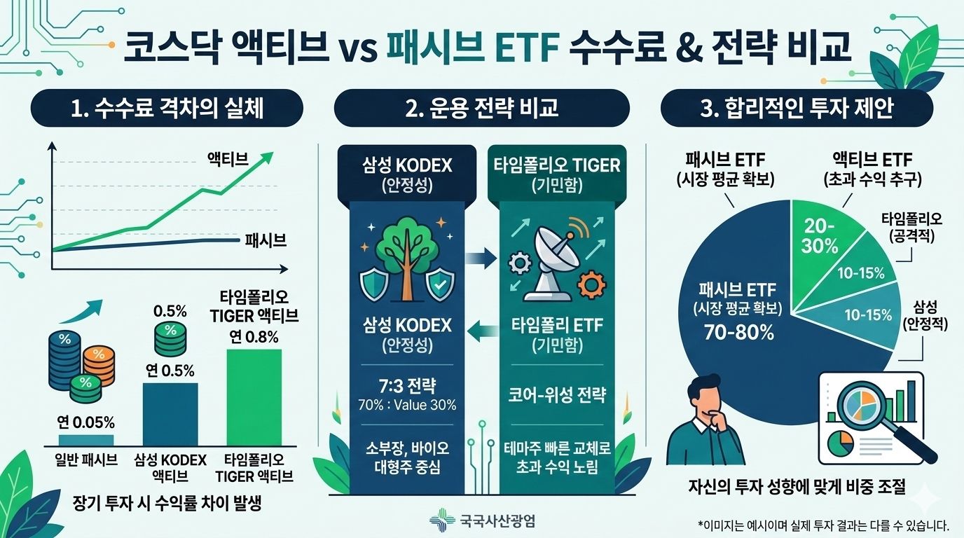 코스닥 액티브 ETF와 패시브 ETF 수수료 비교 분석 인포그래픽. 삼성 KODEX 코스닥 액티브의 7대3 전략과 타임폴리오 TIGER 코스닥 액티브의 코어 위성 전략 차이점 및 초보 투자자를 위한 70대 30 혼합 투자 비중 제안