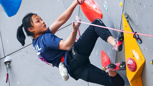 한 여성이 클라이밍 벽을 오르고 있는 모습입니다.